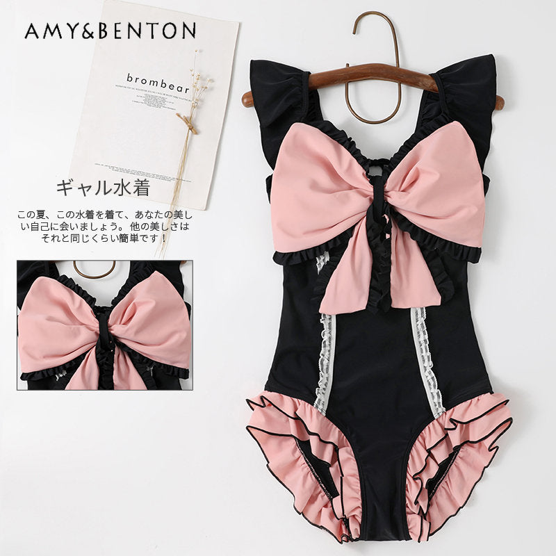 Lolita Japanese Style Swimwear Women Soft Girl One-Piece Swimsuit Lovely Pink Bow Sexy Swimsuit for Ladies