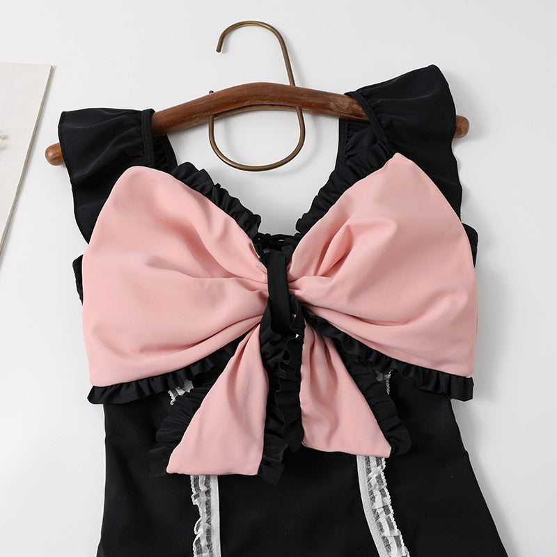 Lolita Japanese Style Swimwear Women Soft Girl One-Piece Swimsuit Lovely Pink Bow Sexy Swimsuit for Ladies