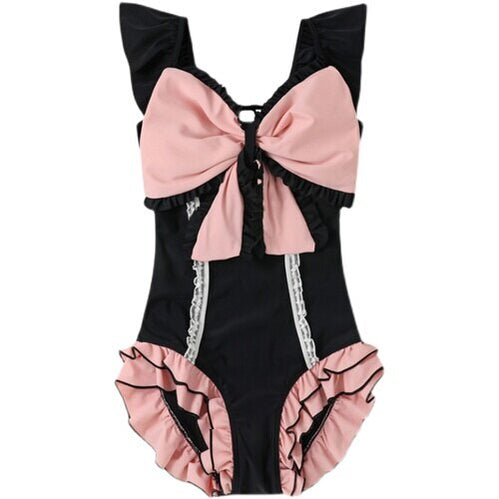 Lolita Japanese Style Swimwear Women Soft Girl One-Piece Swimsuit Lovely Pink Bow Sexy Swimsuit for Ladies Black Pink