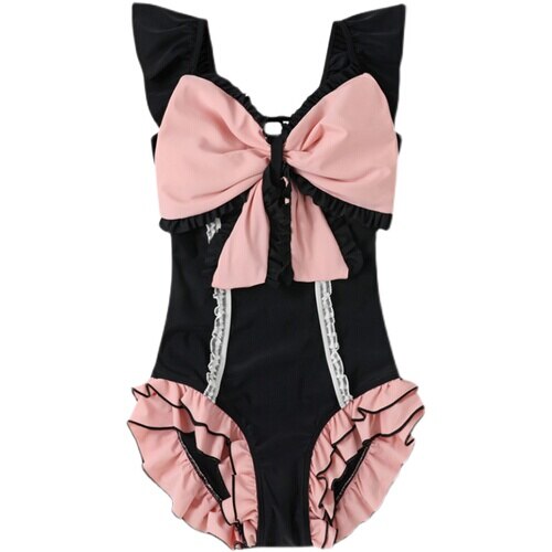 Lolita Japanese Style Swimwear Women Soft Girl One-Piece Swimsuit Lovely Pink Bow Sexy Swimsuit for Ladies Black Pink