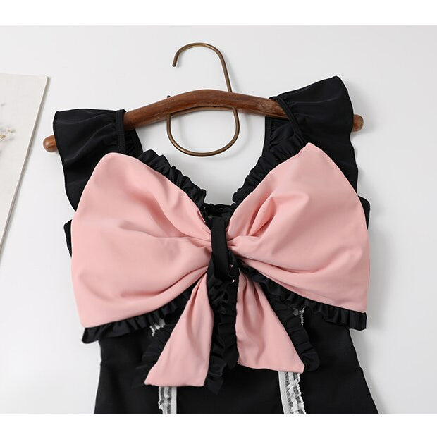 Lolita Japanese Style Swimwear Women Soft Girl One-Piece Swimsuit Lovely Pink Bow Sexy Swimsuit for Ladies