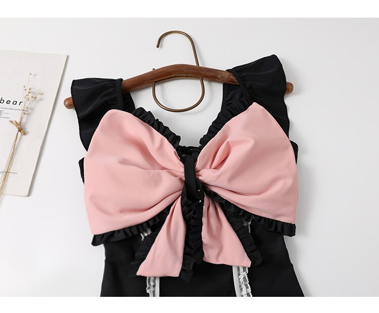 Lolita Japanese Style Swimwear Women Soft Girl One-Piece Swimsuit Lovely Pink Bow Sexy Swimsuit for Ladies