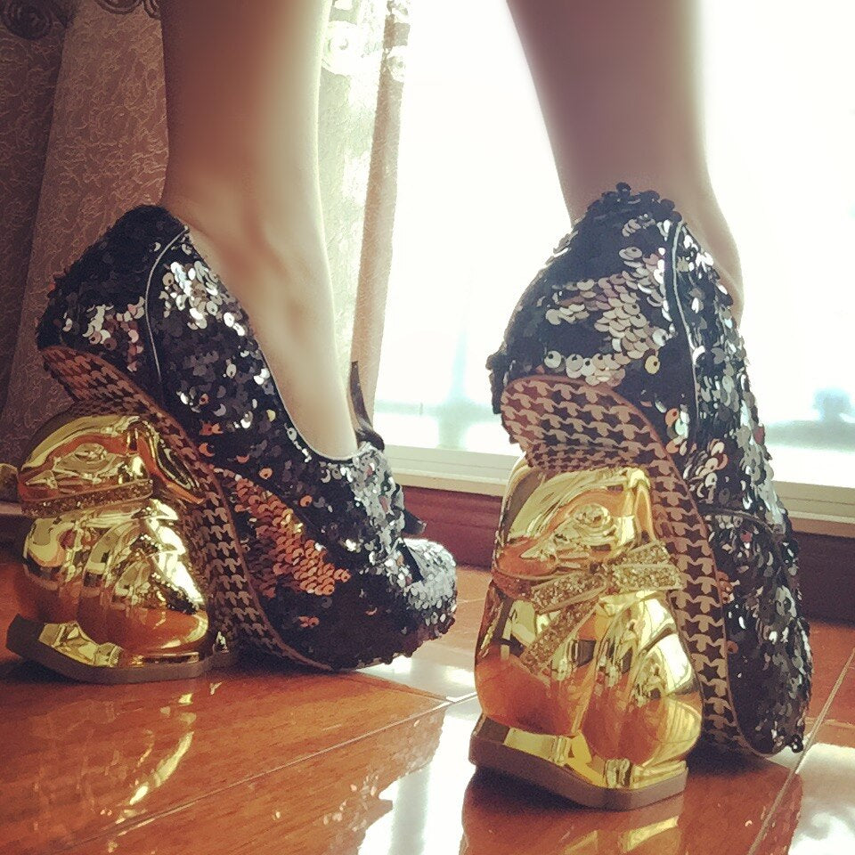 Lolita Scales Change Color Round Head Strapped Princess Shoes Cute Gold Rabbit Heel Waterproof Platform High Heels Dance Shoes