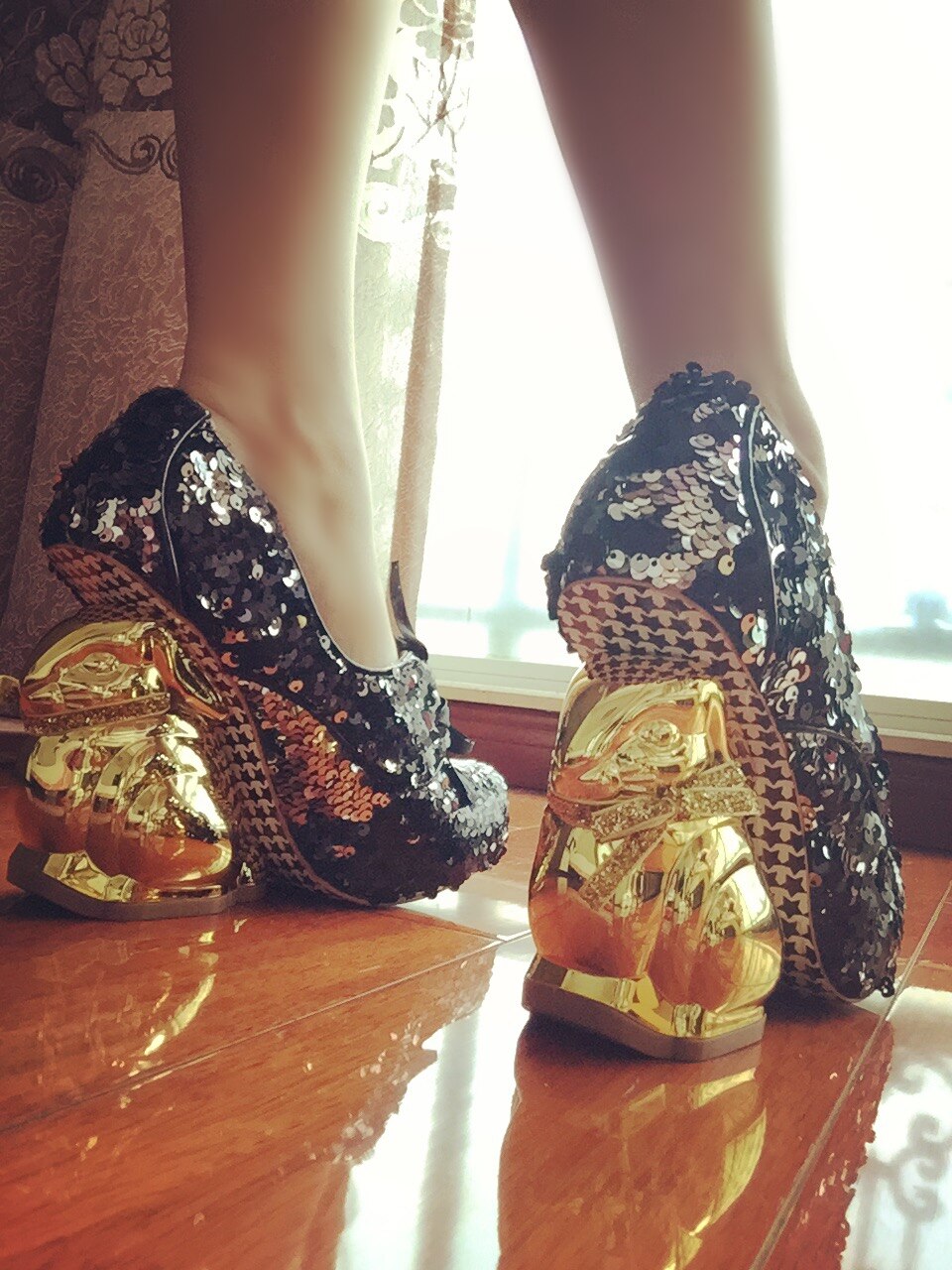 Lolita Scales Change Color Round Head Strapped Princess Shoes Cute Gold Rabbit Heel Waterproof Platform High Heels Dance Shoes