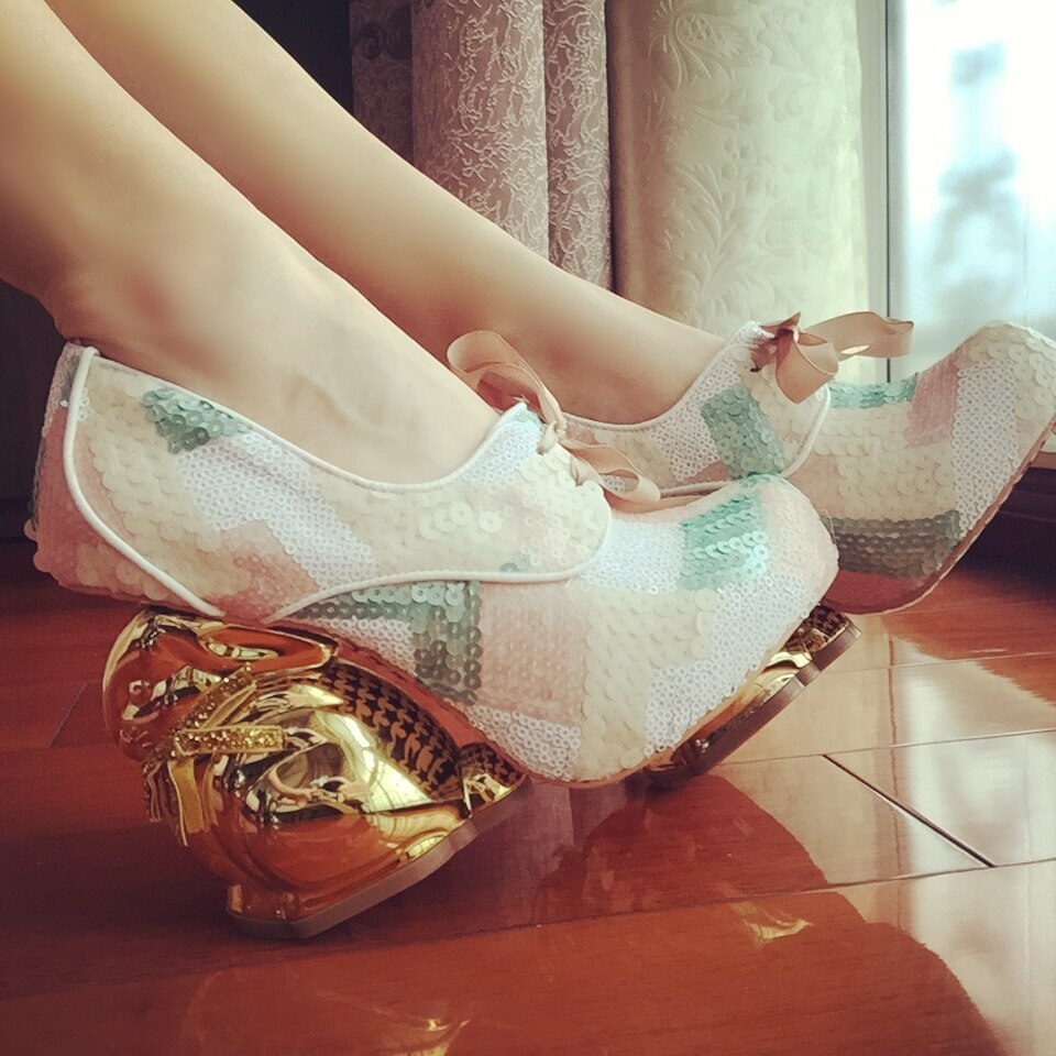 Lolita Scales Change Color Round Head Strapped Princess Shoes Cute Gold Rabbit Heel Waterproof Platform High Heels Dance Shoes
