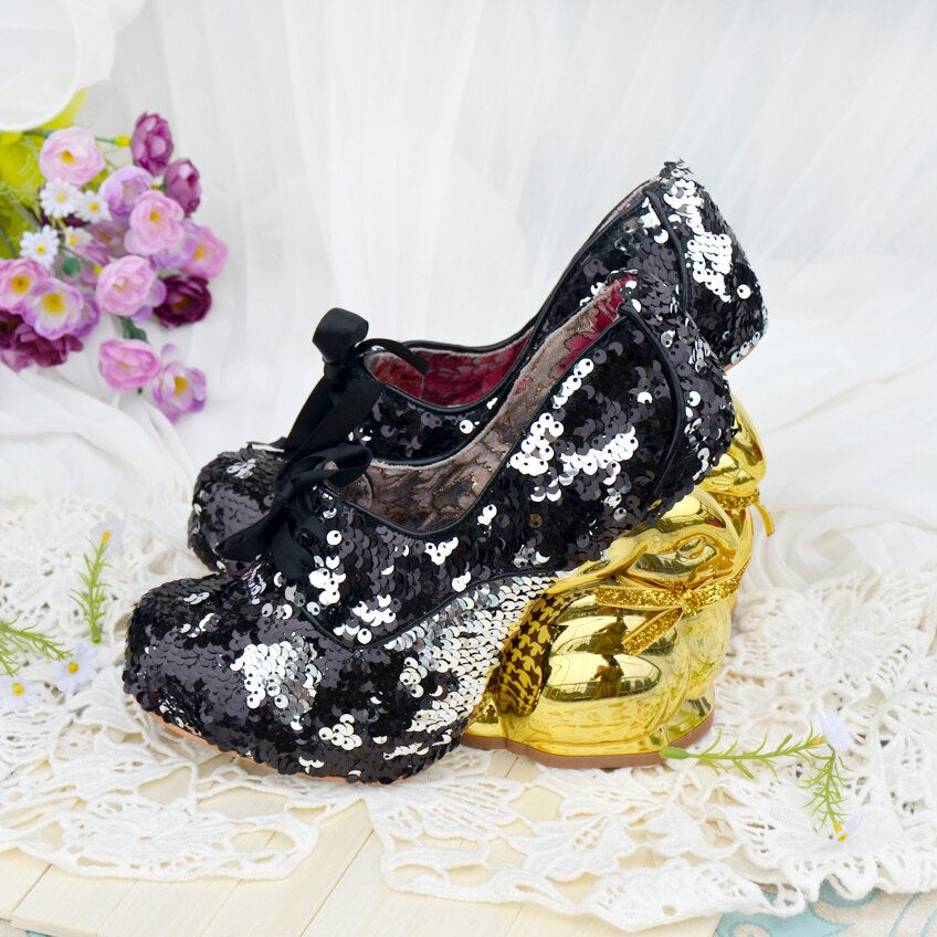 Lolita Scales Change Color Round Head Strapped Princess Shoes Cute Gold Rabbit Heel Waterproof Platform High Heels Dance Shoes