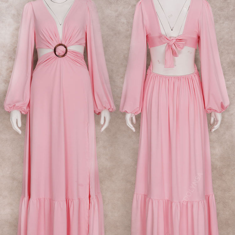 Long Blue Cut Out Vacation Dress Tunic Women Summer Clothing Sexy V Neck Hollow Out Evening Party Maxi Dresses