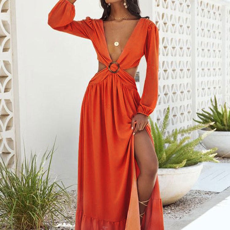 Long Blue Cut Out Vacation Dress Tunic Women Summer Clothing Sexy V Neck Hollow Out Evening Party Maxi Dresses As Show