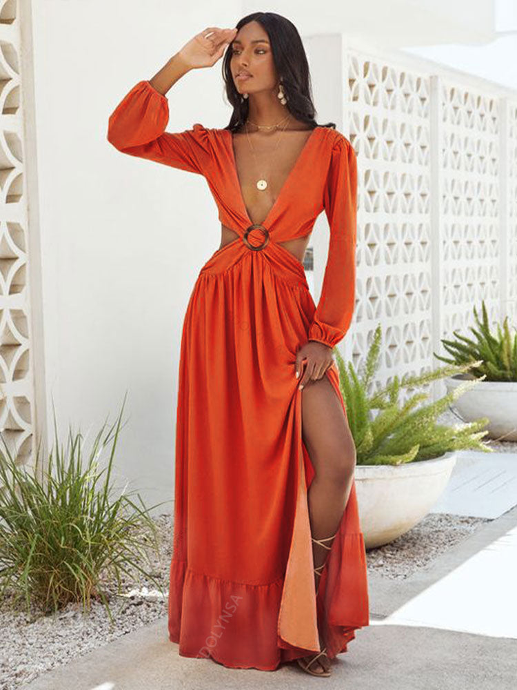 Long Blue Cut Out Vacation Dress Tunic Women Summer Clothing Sexy V Neck Hollow Out Evening Party Maxi Dresses As Show