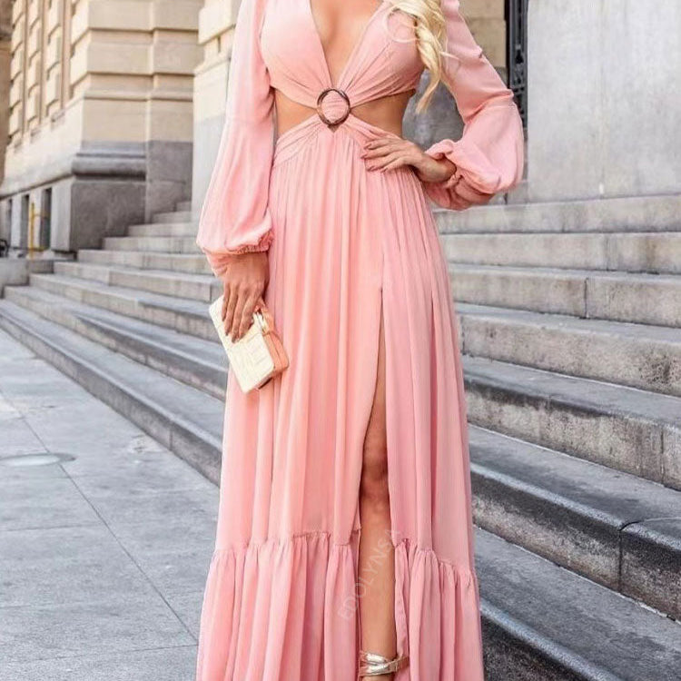 Long Blue Cut Out Vacation Dress Tunic Women Summer Clothing Sexy V Neck Hollow Out Evening Party Maxi Dresses