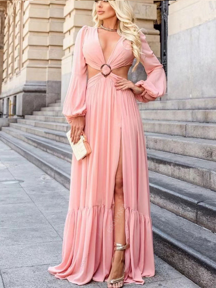 Long Blue Cut Out Vacation Dress Tunic Women Summer Clothing Sexy V Neck Hollow Out Evening Party Maxi Dresses