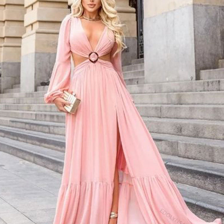 Long Blue Cut Out Vacation Dress Tunic Women Summer Clothing Sexy V Neck Hollow Out Evening Party Maxi Dresses Pink