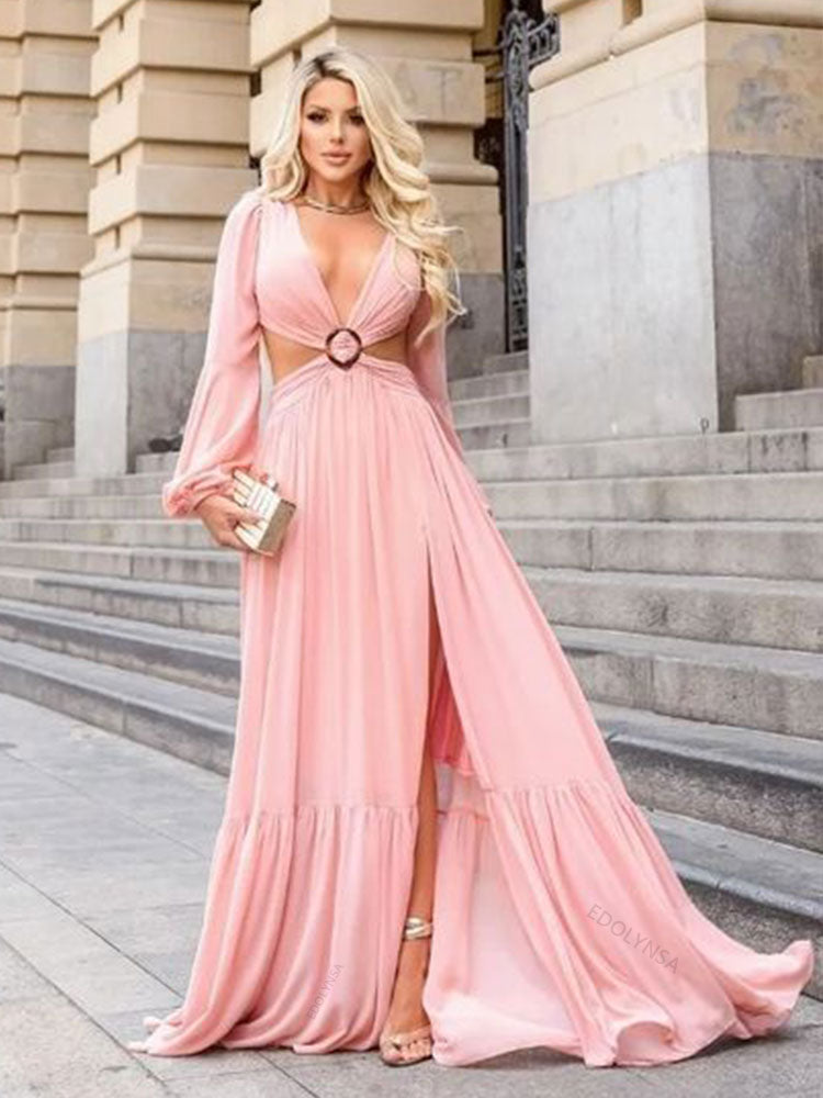 Long Blue Cut Out Vacation Dress Tunic Women Summer Clothing Sexy V Neck Hollow Out Evening Party Maxi Dresses Pink