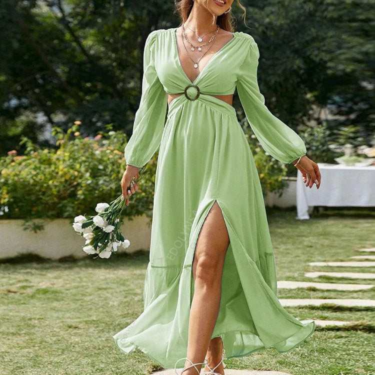 Long Blue Cut Out Vacation Dress Tunic Women Summer Clothing Sexy V Neck Hollow Out Evening Party Maxi Dresses Light Green