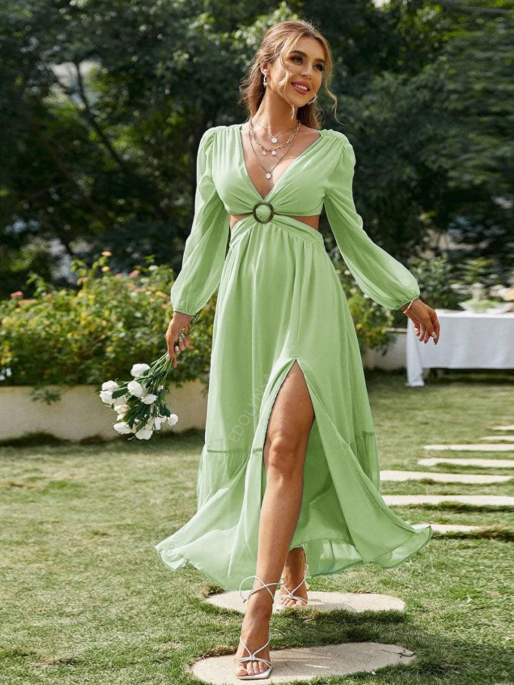 Long Blue Cut Out Vacation Dress Tunic Women Summer Clothing Sexy V Neck Hollow Out Evening Party Maxi Dresses Light Green