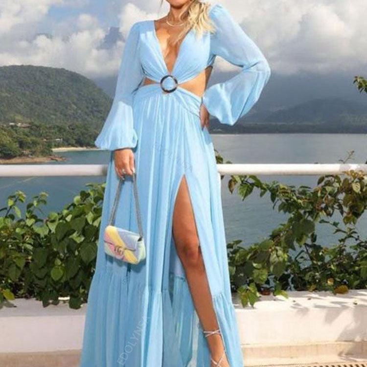 Long Blue Cut Out Vacation Dress Tunic Women Summer Clothing Sexy V Neck Hollow Out Evening Party Maxi Dresses