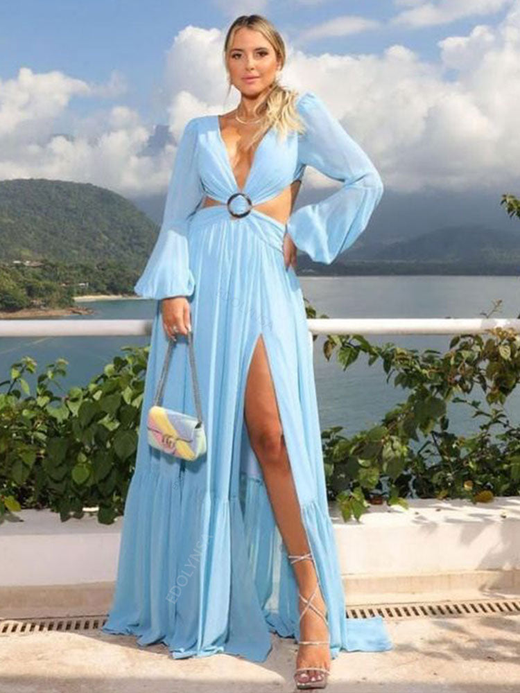 Long Blue Cut Out Vacation Dress Tunic Women Summer Clothing Sexy V Neck Hollow Out Evening Party Maxi Dresses
