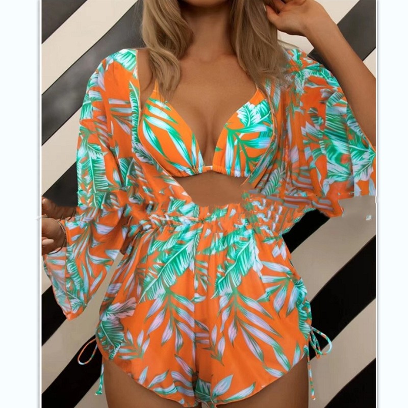 Long Sleeved Net Yarn Swimsuit Women's Draw Rope Sunscreen Smock Three-piece Bikini Orange