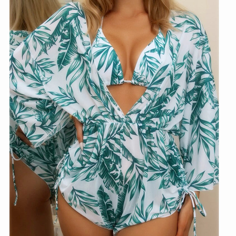 Long Sleeved Net Yarn Swimsuit Women's Draw Rope Sunscreen Smock Three-piece Bikini Green