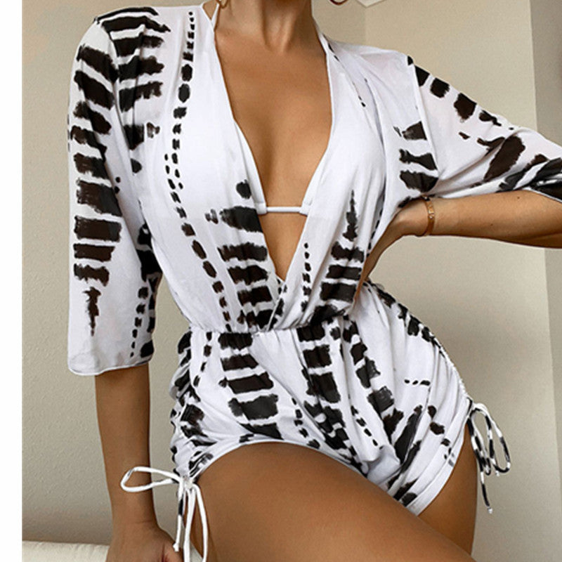 Long Sleeved Net Yarn Swimsuit Women's Draw Rope Sunscreen Smock Three-piece Bikini White