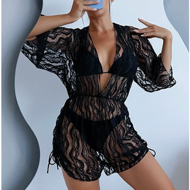 Long Sleeved Net Yarn Swimsuit Women's Draw Rope Sunscreen Smock Three-piece Bikini Black1