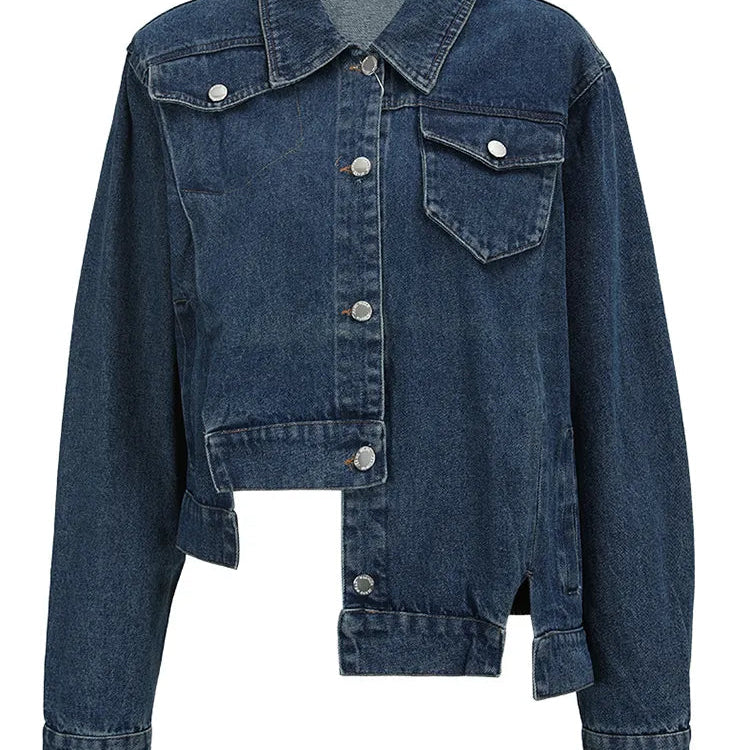 Loose Fit Blue Asymmetric Denim Big Size Jacket New Lapel Long Sleeve Women Coat Fashion Tide Spring Autumn AMAIO