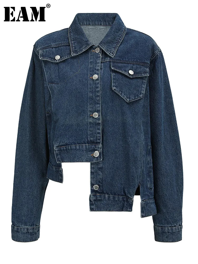 Loose Fit Blue Asymmetric Denim Big Size Jacket New Lapel Long Sleeve Women Coat Fashion Tide Spring Autumn