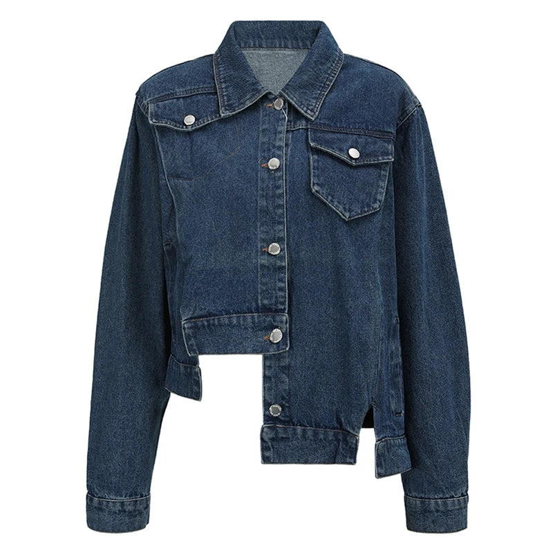 Loose Fit Blue Asymmetric Denim Big Size Jacket New Lapel Long Sleeve Women Coat Fashion Tide Spring Autumn blue