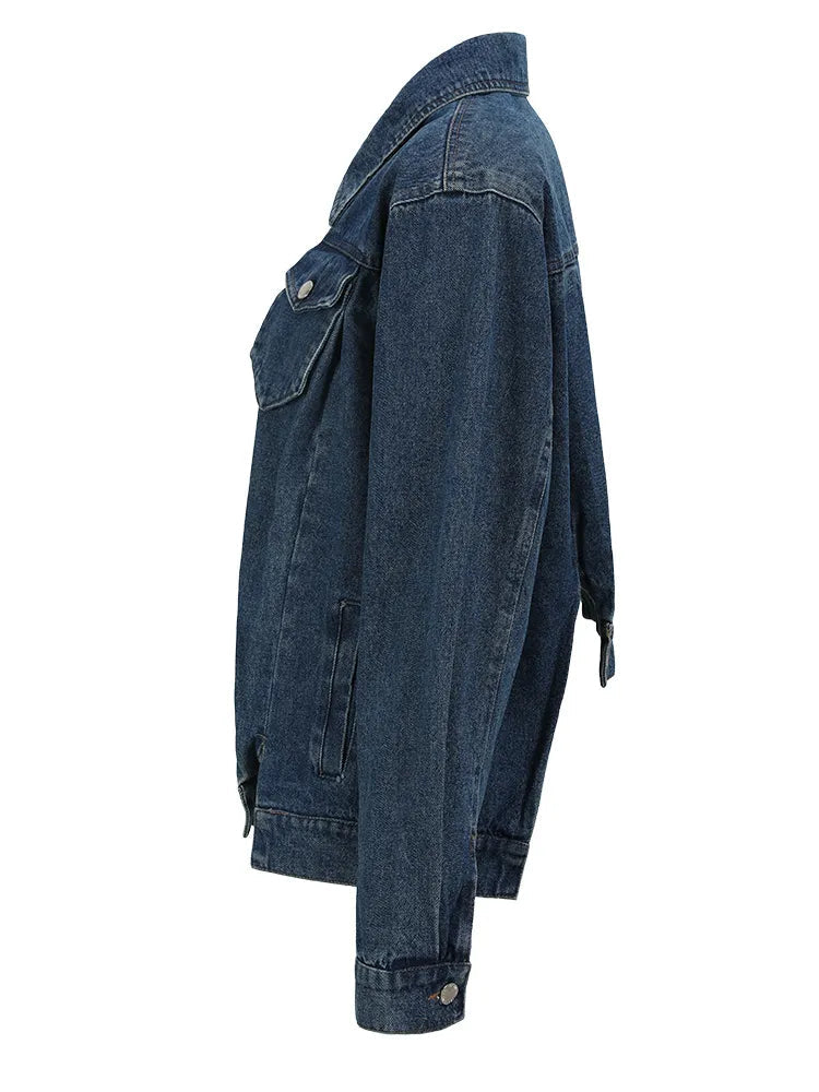 Loose Fit Blue Asymmetric Denim Big Size Jacket New Lapel Long Sleeve Women Coat Fashion Tide Spring Autumn