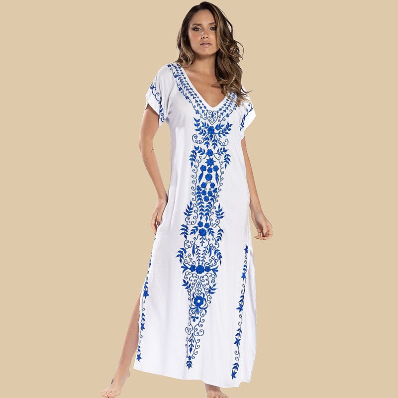 Loose Kaftan Swimsuit Cover Up Beach Long Casual Caftan Dress 908 One Size
