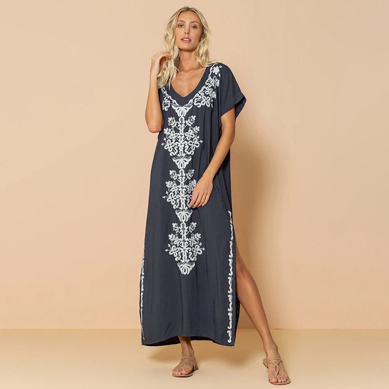 Loose Kaftan Swimsuit Cover Up Beach Long Casual Caftan Dress 908 6 One Size