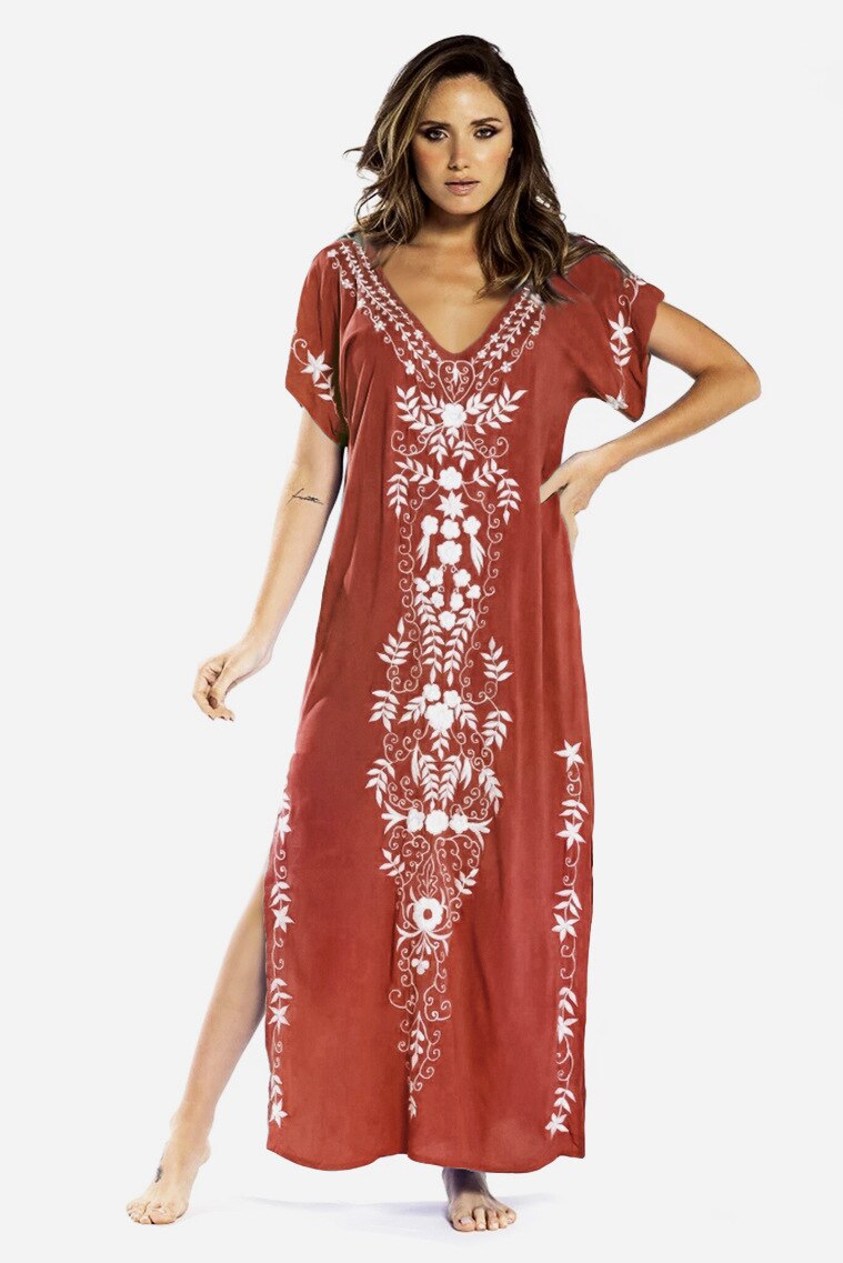 Loose Kaftan Swimsuit Cover Up Beach Long Casual Caftan Dress 908 7 One Size