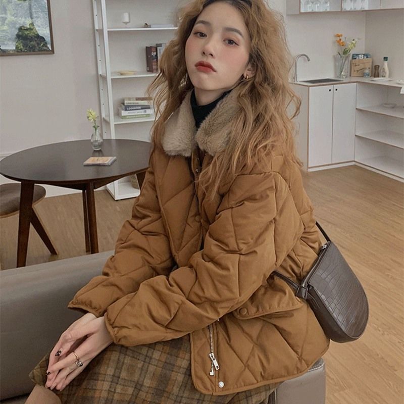 Loose Rhombus Bread Coat Stitching Fur Collar Warm Thickened Cotton-padded Jacket Coat For Women Brown