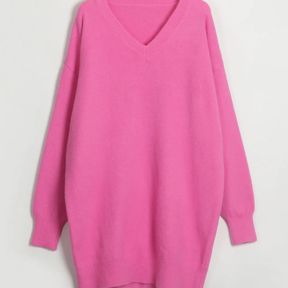 Loose Sweater V-Neck Women Lantern Full Sleeve Solid Knitted Pullover Casual Autumn Winter Knitwear Top