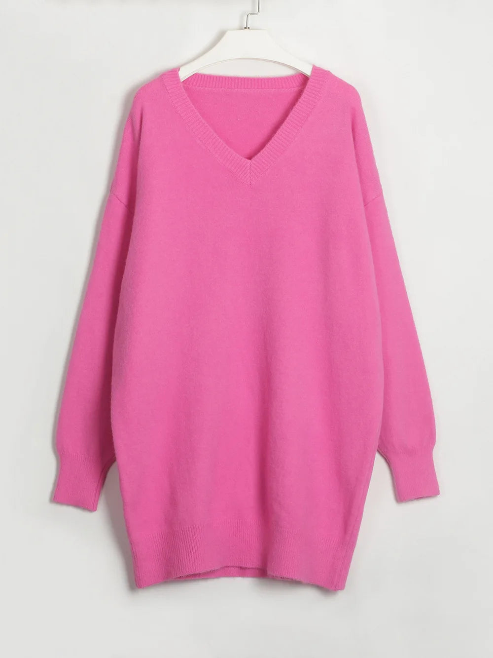 Loose Sweater V-Neck Women Lantern Full Sleeve Solid Knitted Pullover Casual Autumn Winter Knitwear Top