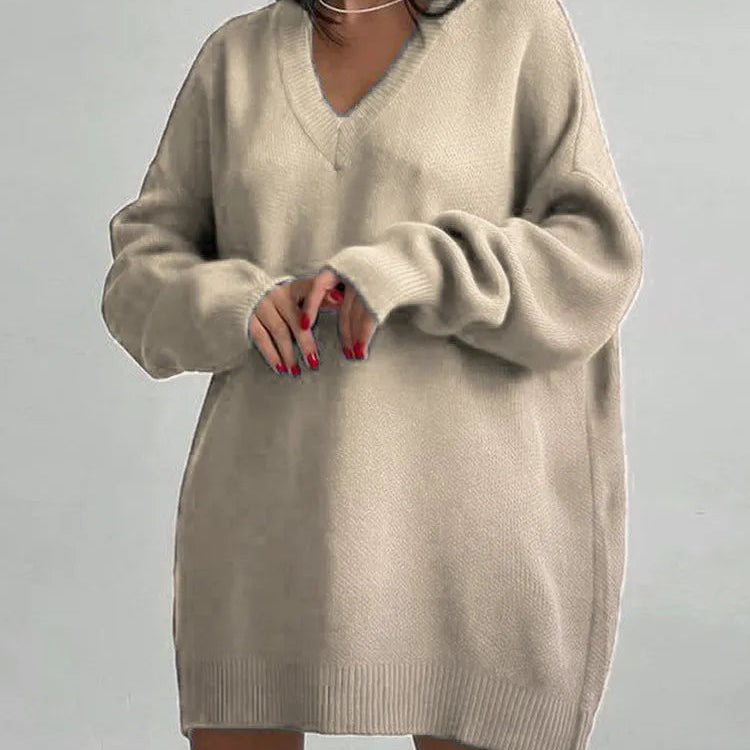 Loose Sweater V-Neck Women Lantern Full Sleeve Solid Knitted Pullover Casual Autumn Winter Knitwear Top Apricot One Size