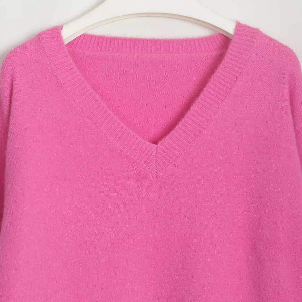 Loose Sweater V-Neck Women Lantern Full Sleeve Solid Knitted Pullover Casual Autumn Winter Knitwear Top