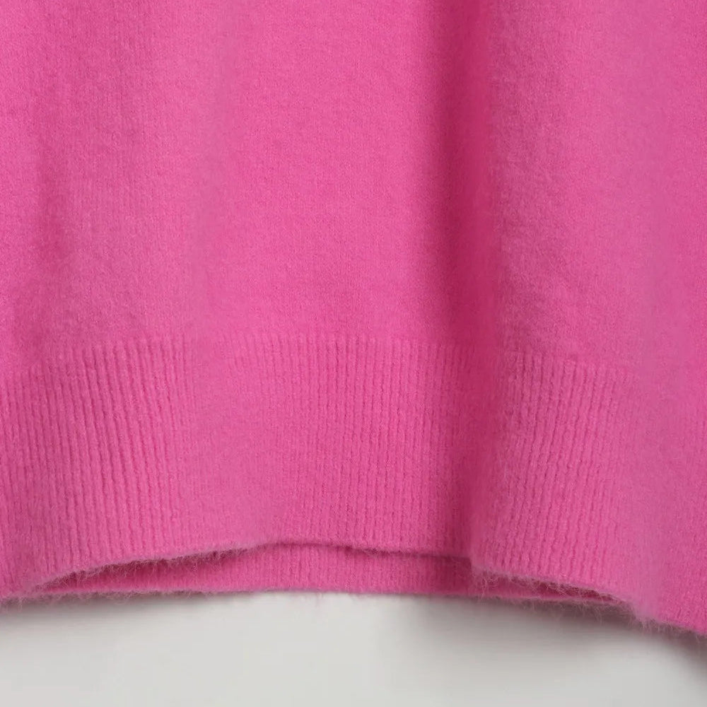 Loose Sweater V-Neck Women Lantern Full Sleeve Solid Knitted Pullover Casual Autumn Winter Knitwear Top