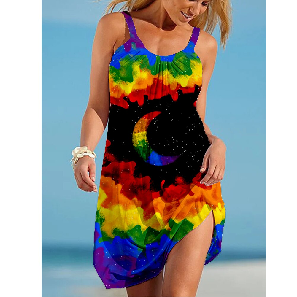 Loose Tie-dye Print A-line Dress Streetwear Sundress Sleeveless Suspender Fashion Ladies Beachwear AQTWS107883XS13