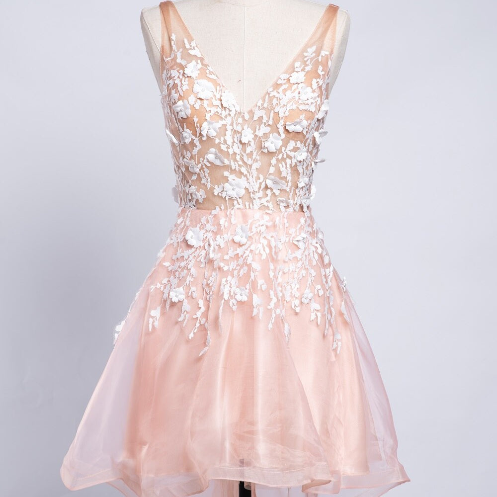 Lovely Short Homecoming Gowns Straps V Neck Cocktail Dresses Floral Open Back Sleeveless Wedding Party Gowns Mini Prom Dress