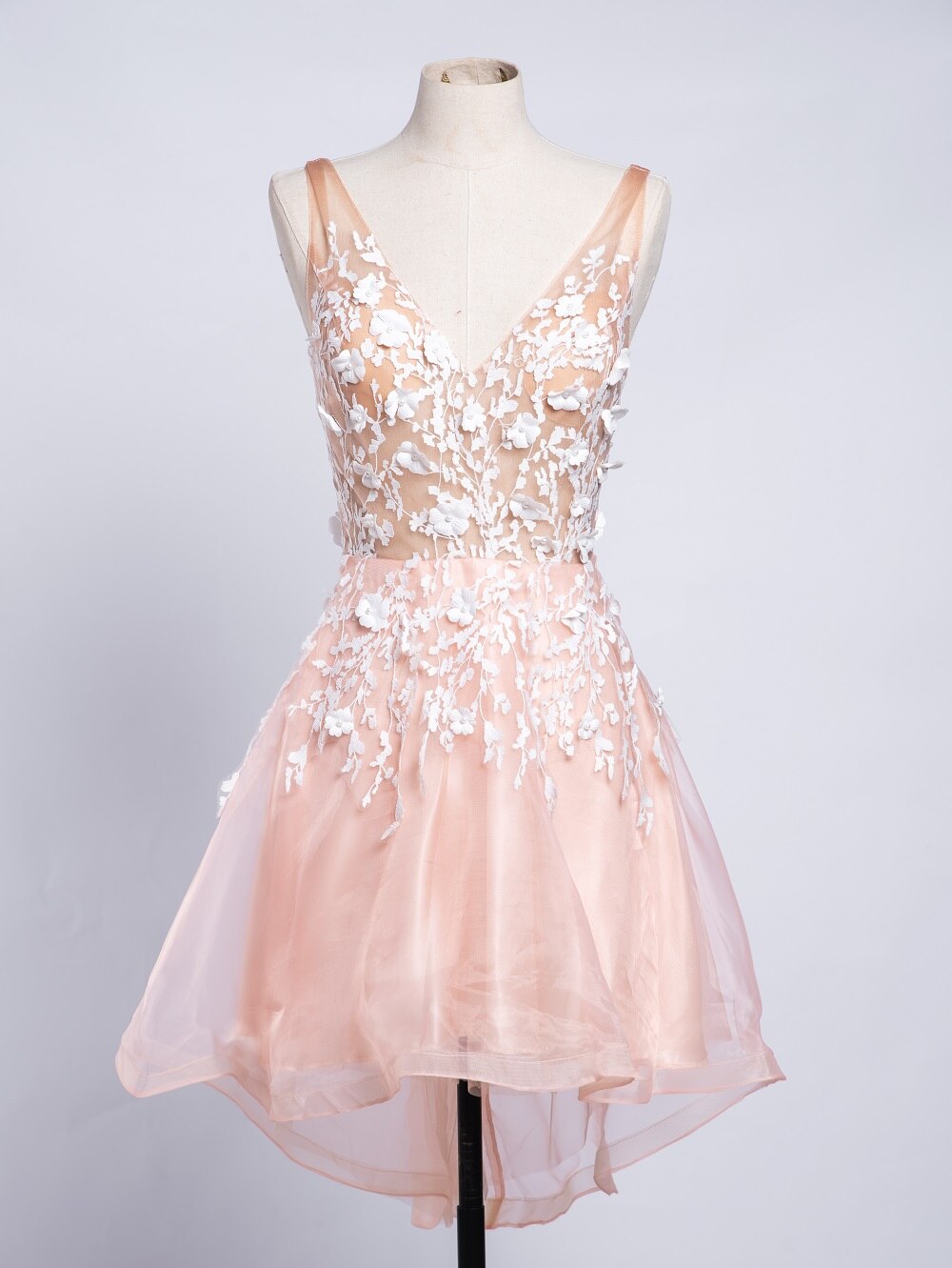 Lovely Short Homecoming Gowns Straps V Neck Cocktail Dresses Floral Open Back Sleeveless Wedding Party Gowns Mini Prom Dress