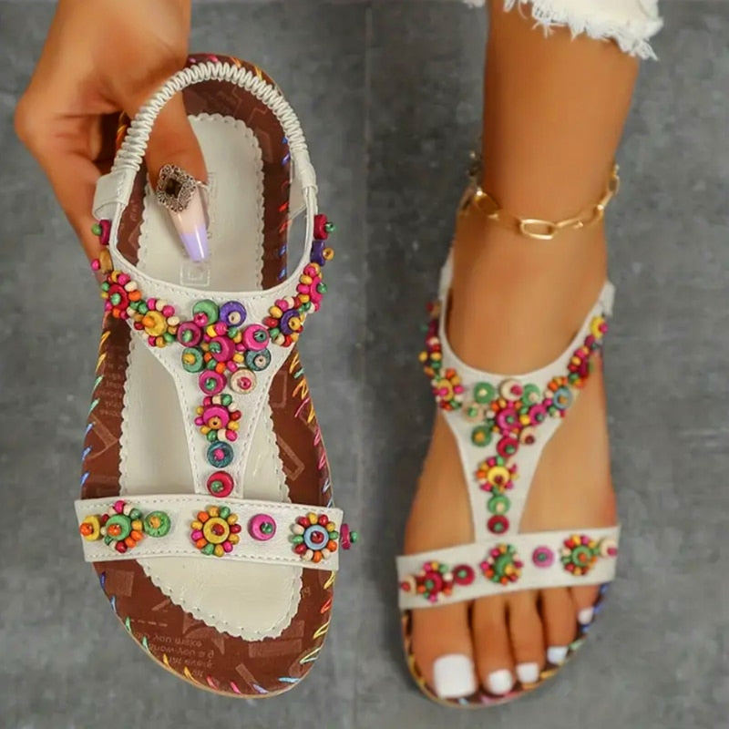 Lucyever Beaded Flowers Flat Heeled Sandals Women Summer 2024 Plus Size Open Toe Bohemian Sandals Woman Elastic Strap Rome Shoes AMAIO