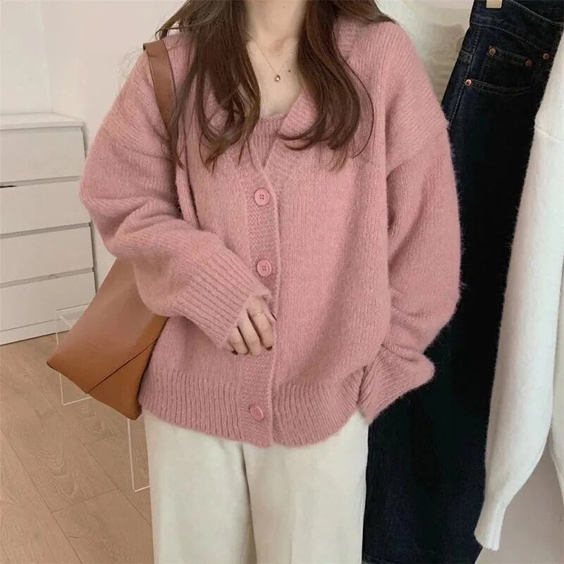 Lucyever Vintage Autumn Winter Knitted Sets Women Japanese Style Short Cardigan and Vest Woman Korean Buttons Up V-Neck Sweater Pink One Size 40-60kg