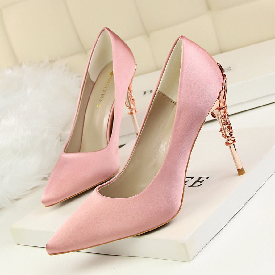 Luxury 10cm High Heels Woman Metal Carving Heels Satin Silk Dress Pumps Lady Wedding Bridal Scarpin Catwalk Green Wine Red Shoes Pink 10cm