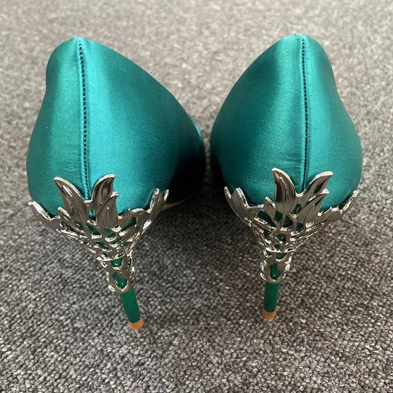 Luxury 10cm High Heels Woman Metal Carving Heels Satin Silk Dress Pumps Lady Wedding Bridal Scarpin Catwalk Green Wine Red Shoes