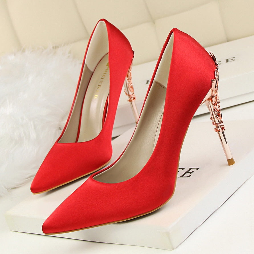 Luxury 10cm High Heels Woman Metal Carving Heels Satin Silk Dress Pumps Lady Wedding Bridal Scarpin Catwalk Green Wine Red Shoes Red 10cm