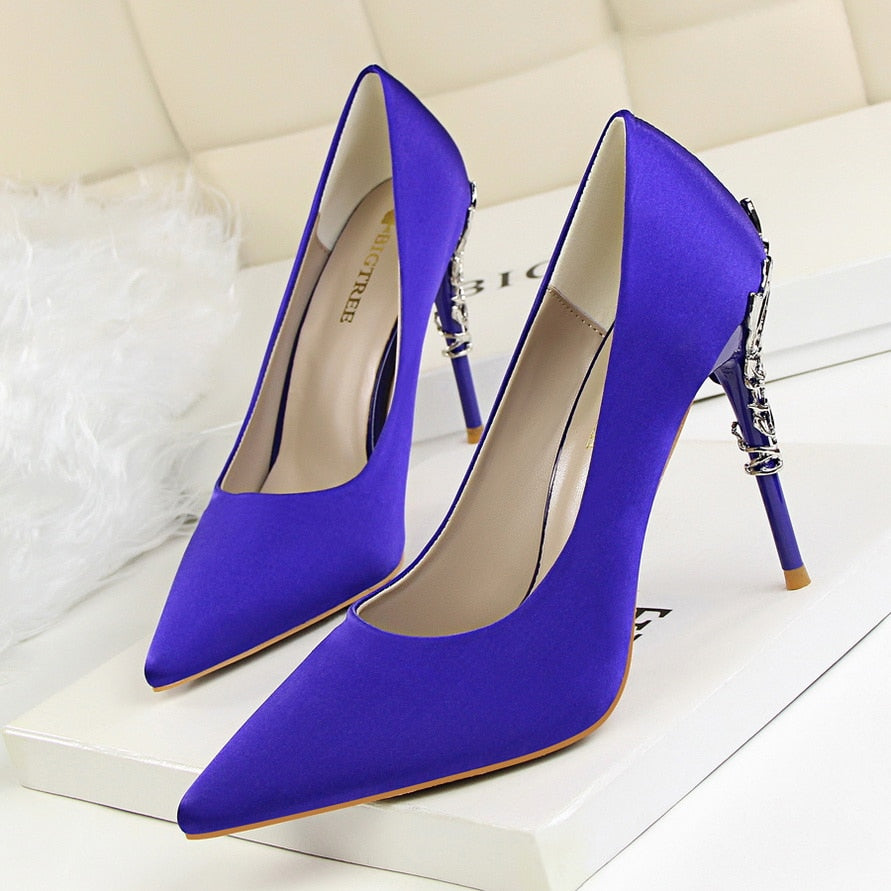 Luxury 10cm High Heels Woman Metal Carving Heels Satin Silk Dress Pumps Lady Wedding Bridal Scarpin Catwalk Green Wine Red Shoes Blue 10cm