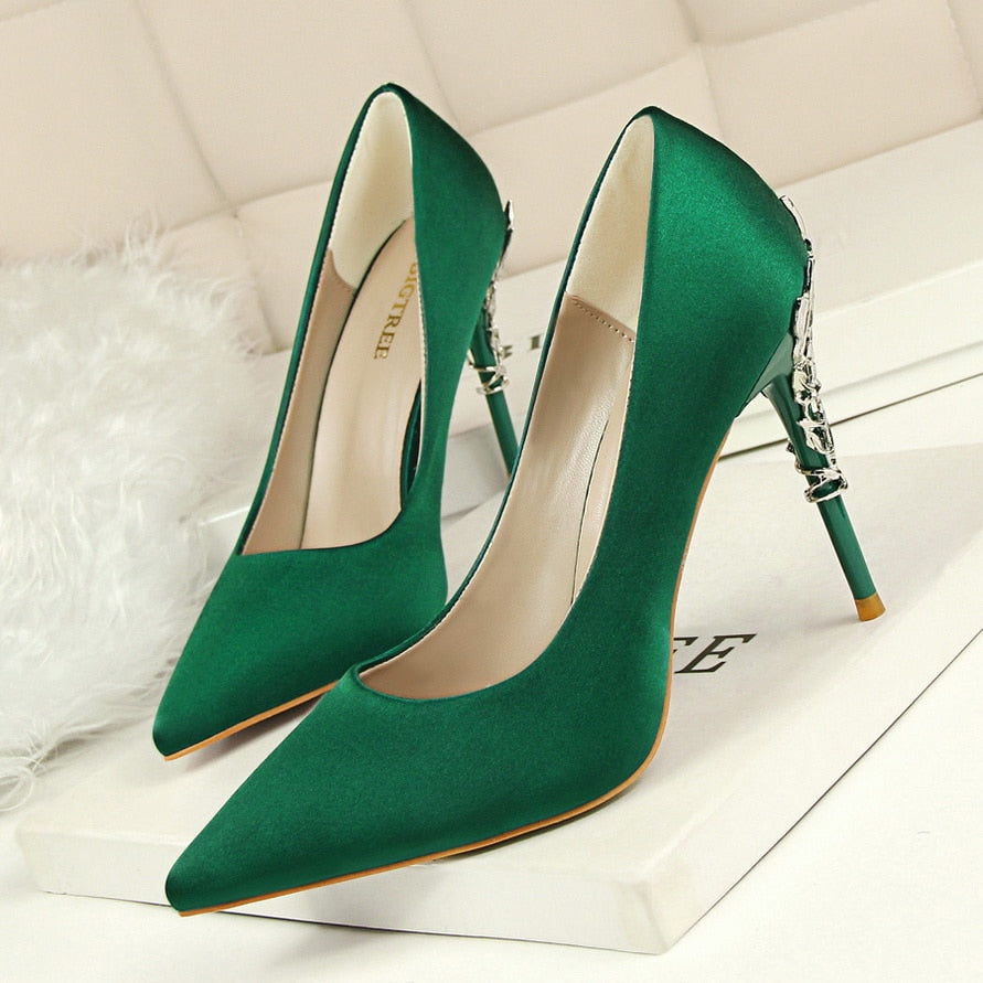 Luxury 10cm High Heels Woman Metal Carving Heels Satin Silk Dress Pumps Lady Wedding Bridal Scarpin Catwalk Green Wine Red Shoes Green 10cm
