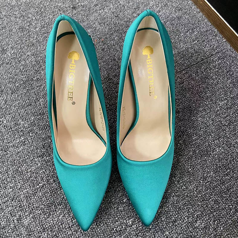 Luxury 10cm High Heels Woman Metal Carving Heels Satin Silk Dress Pumps Lady Wedding Bridal Scarpin Catwalk Green Wine Red Shoes
