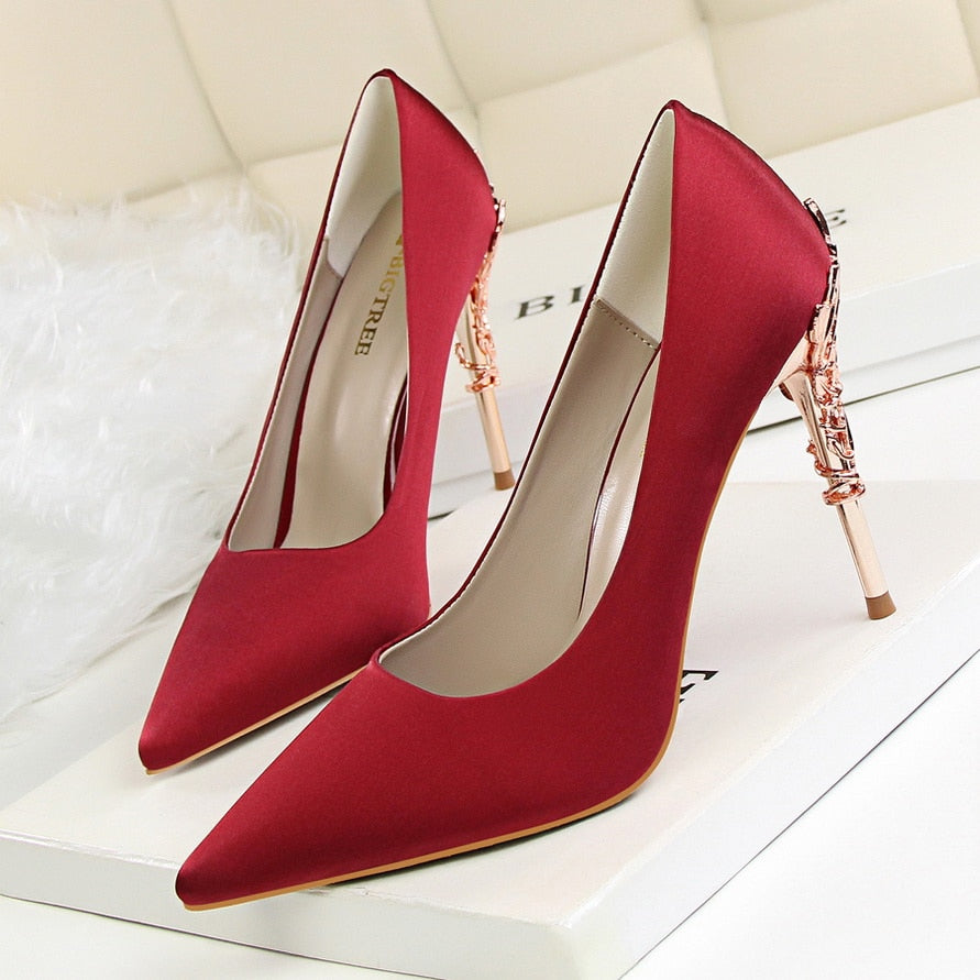 Luxury 10cm High Heels Woman Metal Carving Heels Satin Silk Dress Pumps Lady Wedding Bridal Scarpin Catwalk Green Wine Red Shoes Wine Red 10cm